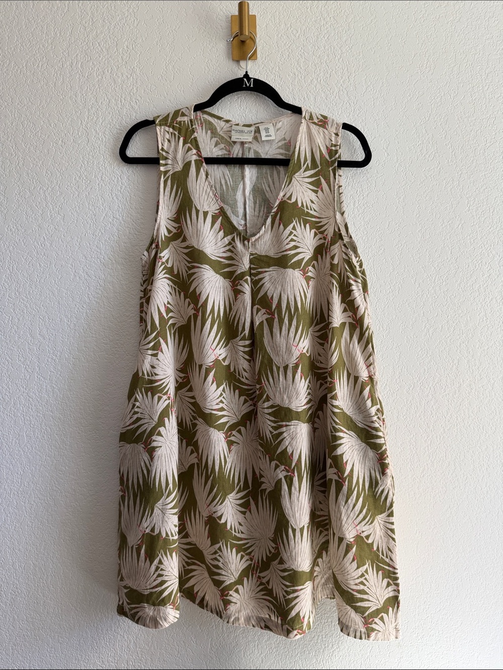 100% Linen Rachel Zoe Olive Green and Cream Tropical Print Sleeveless Dress